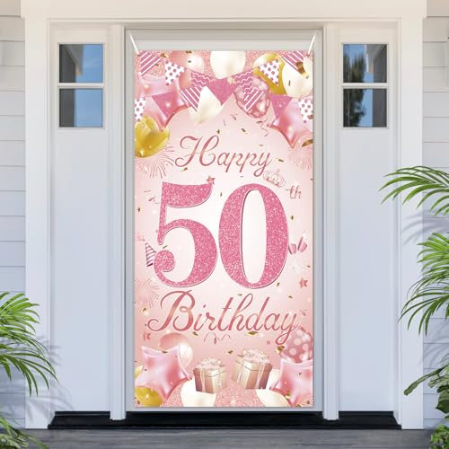 PartyYaa 50. Geburtstagsbanner Deko, 50. Geburtstag Tür Banner, Rose Gold Happy Birthday Banner Türabdeckung Fotoautomaten Schild Poster Party Deko für Drinnen und Draußen