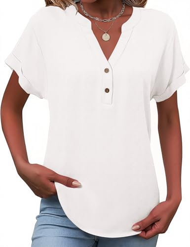Tisfeer Linen Tops for Women Summer Short Sleeve T-Shirt Button Down V Neck Dressy Casual Loose Tunic Blouses Solid 2025 Trendy Clothes(White,XL)