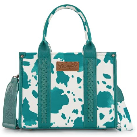 Wrangler Cow Print Tote Bag for Women Western Purse Boho Top Handle Satchel Handbag with Signature Strap, Allover Cow Print Light Turquoise