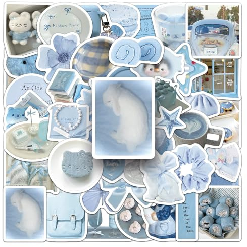 TUIOBUN 50PCS Light Blue Stickers for Bumper,Luggage,Helmet,Guitar,Notebook,Scrapbook,Water Bottle,Laptop,Aesthetic Bow Kawaii Waterproof Vinyl Sticker,Teens Girls Decal,Cartoon Cute Graffiti Decals