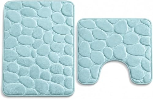 Bella Nights Pebble Stone Bath Mat Set – Extra Absorbent 100% Memory Foam Bathroom Rug & Non Slip Pedestal Mat Soft Toilet Mat for Shower Tub & Toilet Quick Dry Bath Set (Aqua)