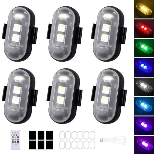 Wxeadu 6 Stück Kabellose Led Lichter, 8 Farbiges Mini led Licht Wasserdicht Antikollisionslichter, Strobe Drone Light mit Fernbedienung, USB Fernbedienung Blitzlicht für Mini Drohne Motorrad