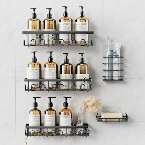 Deyhoc 5 Pack Rustproof Stainless Steel Shower Caddy - Black | Bathroom Storage Accessory Shelf Organiser Adhesive No Drilling Hanging, Soap Holder Set, Kitchen Wall Mounted Corner Decor