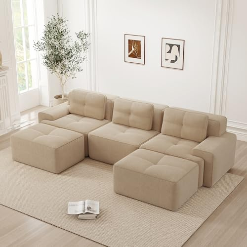 NuvlaGu Modular Sofa, L-Shaped Corduroy Cloud Couch with Ottoman, Deep Seat Sectional Sleeper Sofa for Living Room, Boneless Modern Convertible Sofa Bed (Beige + Corduroy + 3 Seat3)