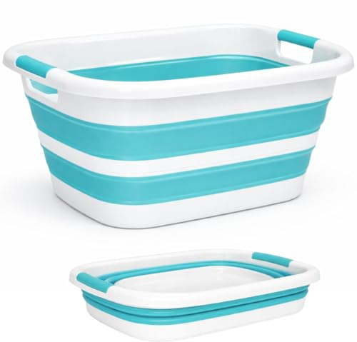 Edihome, Panier à Linge Pliable 26 L Grande Capacité – Bassine Plastique Compacte et Résistante – Bac à Linge Sale Gain de Place pour Salle de Bain ou Buanderie (Turquoise)