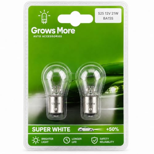 GROWS MORE 382 P21W Car Bulbs 12V 21W BA15S – Universal Replacement Indicator, Brake, Reverse, Tail & Rear Fog Light Bulbs – Standard Halogen Auto Bayonet Bulbs Twin Pack for Cars, Vans & Motorcycles