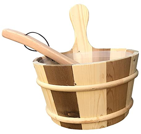 Wswqop Sauna Bucket 4L Sauna Accessory Set Handmade Wooden Bucket and Ladle Natural Texture for Area, Wood Brown