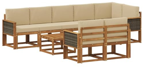 vidaXL Outdoor-Sofagarnitur mit Kissen 9 pcs Natur und Beige Polyester, Stylisches Außensofa, wetterfestes Set, Bequeme Sitzgelegenheit für den Garten, Akazienholz Möbel
