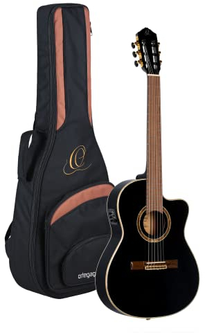 Ortega Guitars Konzert Gitarre Elektro-Akustisch – 4/4, Slim Neck, Thinline Body – Performer Series – Inklusive Gig Bag – Massive Sitka Fichte, Sapele, Schwarz (RCE138-T4BK)