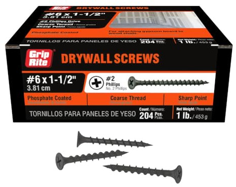 Grip-Rite Coarse Thread Drywall Screws - #2 Phillips Bugle Head - Sharp Point - for Attaching Drywall to Wood Studs - Phosphate Coated - 1 Lb Box - #6 X 1-1/2 Drywall Screws - 112CDWS1