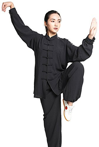 ZooBoo Unisex Womens Cotton Linen Kung Fu Tai Chi Uniform Martial Arts Wear (Black, S)