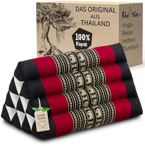 livasia Rückenstützkissen mit Muster - 30x50x30cm - Dreieckskissen für den Garten, Keilkissen mit Kapok, vegan und handgefertigt, Meditationskissen (Schwarz/Elefanten)