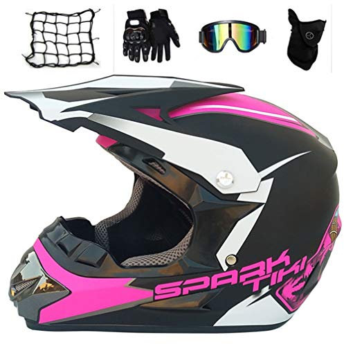 Motocross Helm Damen mit Motorrad Netz Handschuhe Brille Maske, Adult Crosshelm Enduro MTB Helm Fullface Offroad Motorradhelm für Sport Sicherheit Schutz Kit, Schwarz und Pink,M