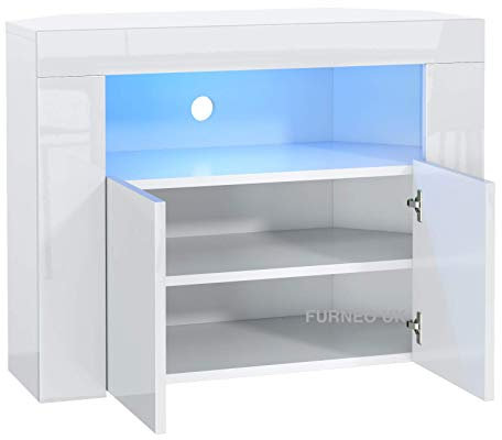 Furneo Corner TV Stand Unit Cabinet Matt & High Gloss Clifton07 Blue LED Lights