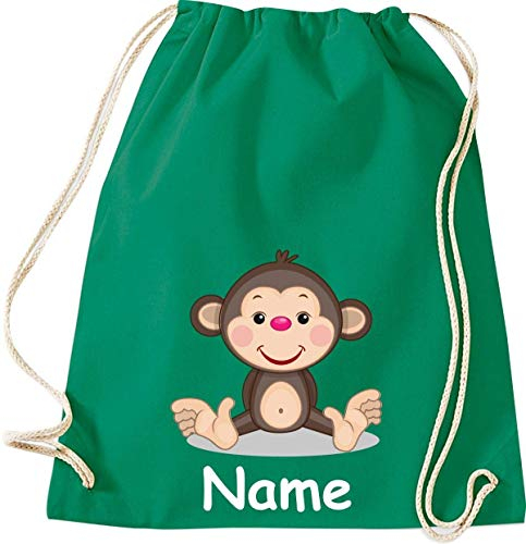 Shirtinstyle Gym Sack Kinder Turnbeutel Tiere AFFE mit Wunschnamen, Beutel Tasche, Farbe Kellygreen