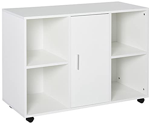 HOMCOM Armario de Oficina para Impresora Soporte de Máquinas con 4 Compartimentos Armario de Puerta Ruedas 2 Frenos 100x40x71 cm Blanco