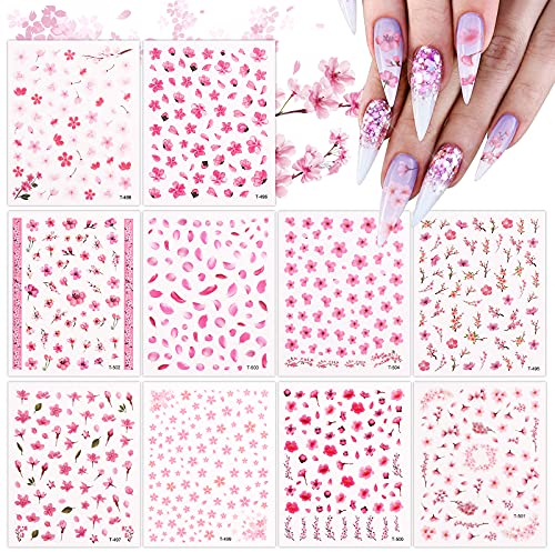 EBANKU 10PCS Cherry Blossom Nail Art Sticker, Self Adhesive Pink Flower Nail Art Decal Spring Nails Stickers Decals for Women Girls Manicure Decorations