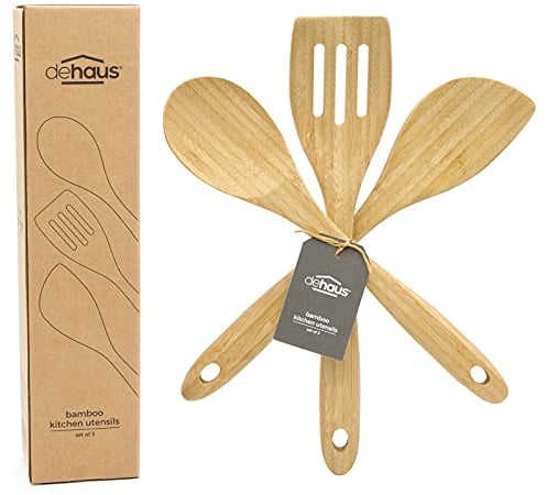 Dehaus® Premium Bamboo Kitchen Utensils - Set of 3 - Luxury Wooden Spoon, Spatula & Fish Slice - Slotted Turner Utensil Accessories - Wood Cooking Tools for Non Stick Pan or Wok - Mini Starter Sets