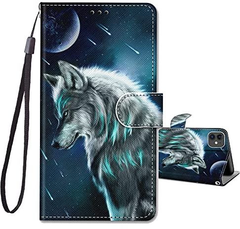 JRIANY Wallet Flip Case for iPhone 12 with Card Holder, Wolf B | PU Leather Phone Case with Card Slots, Cute Pattern Animal Design, Shockproof Protective Cover, Wrist Strap, Magnetic Closure