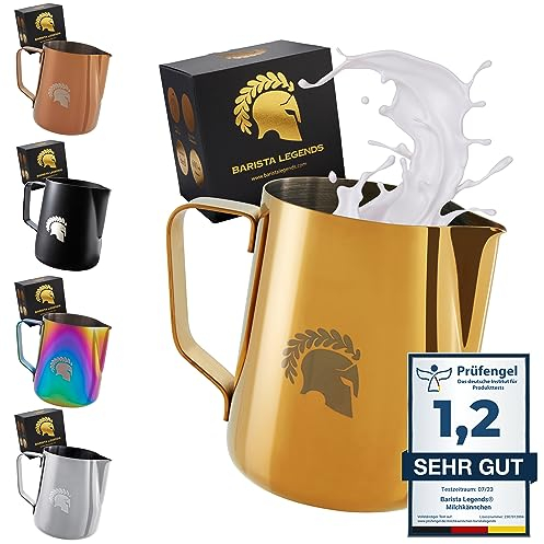 Barista Legends® Milchkännchen Edelstahl [350ml] Gold - Barista Milchkännchen zum Milchaufschäumen Edelstahl - Milchschaumkännchen für Latte Art - Milchkanne Edelstahl - Barista Zubehör