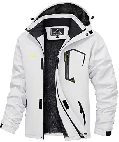 TACVASEN Herren Winter Winddichte Winterjacke Warme Fleece-Futter Ski Übergangsjacke mit Abnehmbarer Kapuze, Weiß, L