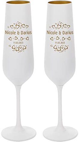 Herz & Heim® Weiße Sektgläser mit Gravur zur Hochzeit Set/Hochzeitsgeschenk personalisiert mit Namen Herzen