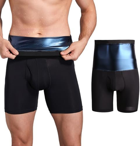 Akkad Kuti Kurze Saunahose für Herren, Schweiß, Saunaanzug, Kompressions-Leggings, Bauchkontrolle, Shapewear mit hoher Taille, Sauna Shorts innen blau, X-Large