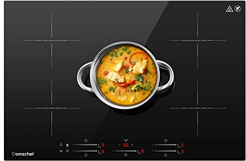 AMZCHEF Induktionskochfeld 5 Zonen Einbau Induktionskochplatte mit Booster und 9 Stufen, Pausenfunktion und warm halten, Induktion Kochfeld mit Slider-Steuerung, Multifunktions-Timer,7400W