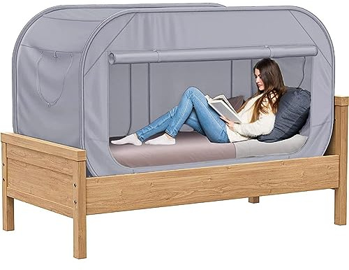 Skywin Bettzelt Twin – Pop-Up-Sichtschutzzelt für Doppelbett, zusammenklappbar, atmungsaktiv, lichtreduzierender Pongee-Betthimmel für warme und gemütliche Nacht (modernes Grau)