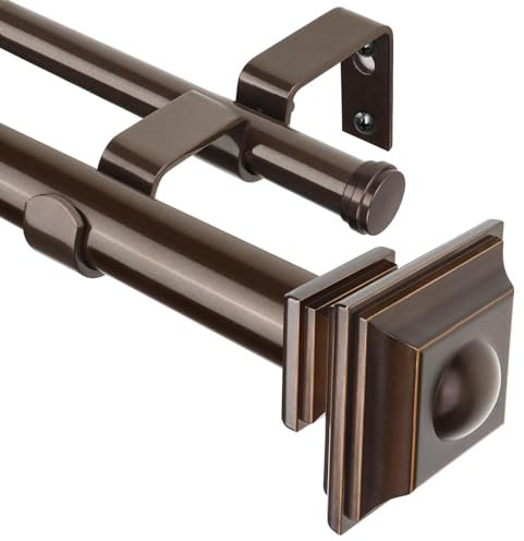 KAMANINA 2,5 cm Doppel-Gardinenstangen 91,4 bis 183,9 cm (3-6 Fuß) Teleskopstange für Fenster 61 bis 172 cm, Vintage quadratische Endstücke, Bronze