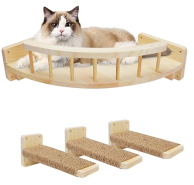 Arquiel Kletterwand Katze, Katzen-Hängematte zur Wandmontage mit 3 Katzentreppe, Katzenregal, Katzenwand Katzenschlafplätze Katzenmöbel zum Schlafen, Spielen, Klettern und Faulenzen