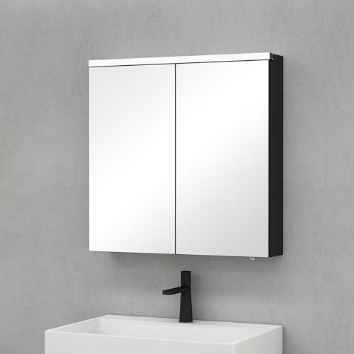 Sogood Armoire Murale Salle de Bains avec Miroir LED Placard de Rangement Étagères Réglable Anthracite Mat en Bois Armoire de Toilette 2 Portes 70x15x70 cm Spiegelschrank 03