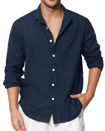 Enlision Camisas Lino Hombre Azul Marino Manga Larga Verano Camisa para Hombres de Algodon Cuello Mao Casual Henley Shirts Elegantes Playa Boda XL