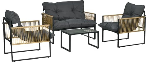 Outsunny Gartenmöbel Set 4 Stück Gartenmöbel 2-Sitzer-Sofa 2 Sessel und 1 Couchtisch Platte gehärtetes Glas 3 Kissen Stahl und geflochtenes Harz - grau