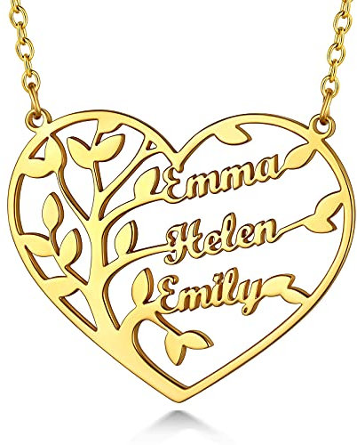 Custom4U Collier Coeur pour Maman 3 Prénoms Arbre de Vie Femme Or Pendentif de 3 Noms Arbre Généalogique à Graver avec Chaîne Réglable 50 cm