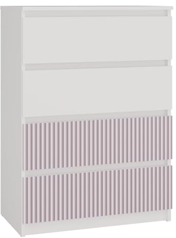 CDF Kommode Weiß Rosa mit 4 Schubladen 97 cm Hoch Sideboard Schmale Komode Schlafzimmerkommode für Flur Büro Schlafzimmer Wohnzimmer Schubladenschrank Regal mit Schubladen Schrank Modernes Möbelstück