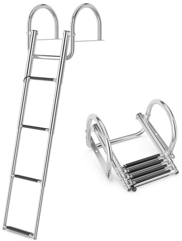 TANGZON 3/4-Step Pontoon Boat Ladder, Folding Telescoping Rear Entry Inboard Ladder, Heavy Duty Stainless Steel Swimming Dock Ladder with 225kg Weight Capacity(4-step, with Handrails)