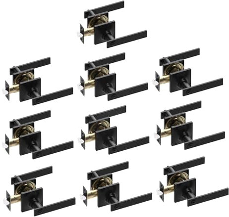 Voraus 10 Pack Matte Black Door Handles - Privacy Door Levers Set, Keyless Black Interior Door Knobs, Modern Heavy Duty Square Door Lock for Bedroom or Bathroom, Reversible for Left Right Sided Doors