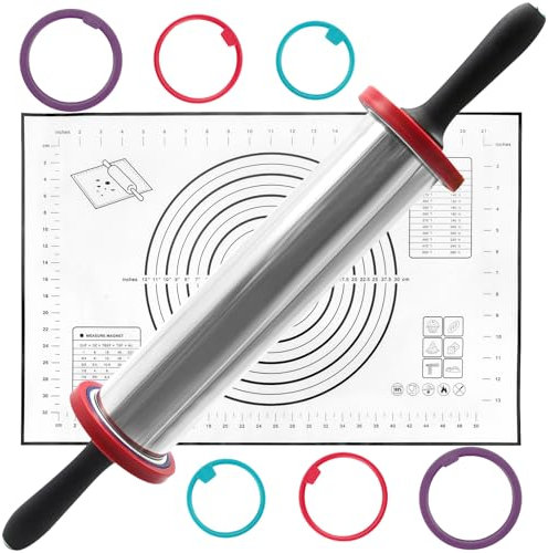 SHIKORI Rolling Pin,Adjustable Rolling Pin with Thickness Rings, Stainless Steel Dough Roller Baking Supplies for Pizza Pastry Fondant Pie Pasta-Black