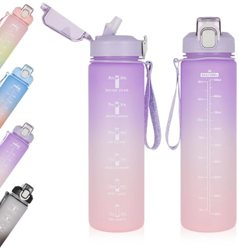 Botella Agua 1 Litro, Botella Deportiva Motivadora con Marcador Tiempo, Botella Gym con Pajita Hombre Mujer, Cantimplora Plástico Prueba de Fugas, Garrafa Agua Reutilizable Fitness (Púrpura)