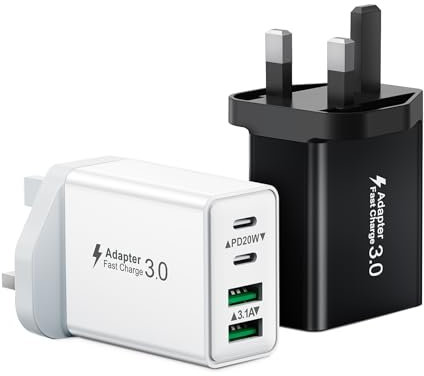 40W USB C Plug, 2-Pack UK USB Plug Fast Charger Plug Multi Charging Plug 4-Port Dual Type C Power Adapter Wall Plug Multiple Charger Head for iPhone 16 15 14 13 12 11 Pro Max Plus XS,iPad, Samsung