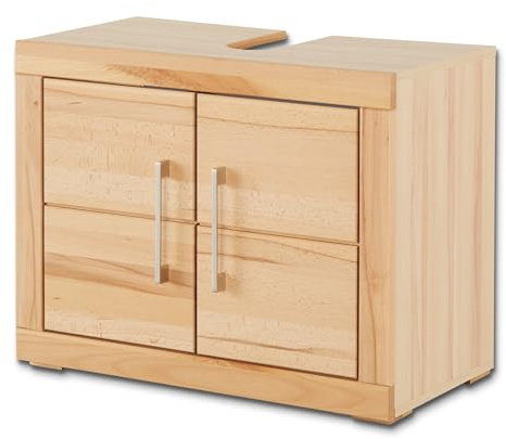 smart Waschbeckenunterschrank in Kernbuche matt, Rahmen aus Massivholz geölt, 71 cm x 55 cm x 36 cm mit Siphonausschnitt, 2 Türen mit Bügelgriffen, Badmöbel im Skandi Look,