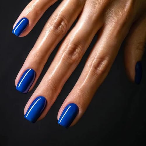 MouYou 24 Stück Press on Nails Kurz,Square Einfarbig Blue Fake Nails Full Cover Kunstnägel mit Nagelkleber,Eckig Blau Acryl Künstliche Fingernägel für Frauen & Mädchen