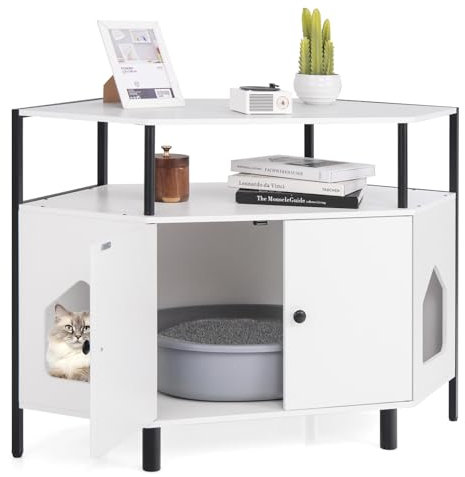 COSTWAY Cat Litter Box Enclosure, Corner Hidden Cats Litter Cabinet with Open Shelf, 2 Entrances and Double Doors, Wooden Pet House Furniture for Bedroom, Living Room (White)