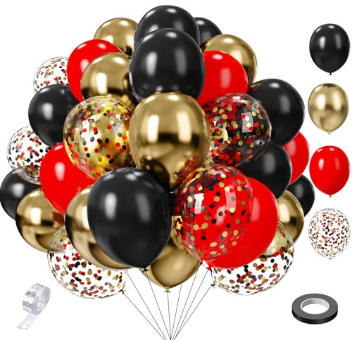 Luftballons Schwarz Rot Gold 65 Stück 12 zoll 5 zoll SKYIOL Latex Ballons Goldene Metallic Ballons mit Streifen für Geburtstag Hochzeit Abschluss EID Weihnachten Silvester Nationalfeiertag Deko