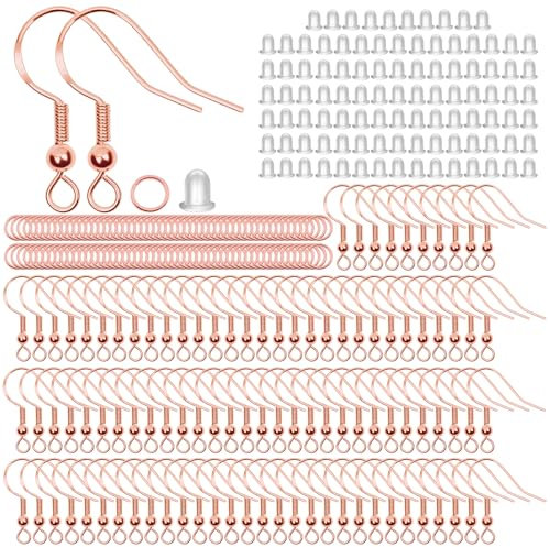 Fyfjur S925 Earring Hooks, 300 Pieces Anti-Allergy Earring Making Supplies Hypoallergenic with Transparent Rubber Ear Stoppers and Spool, Jewellery Making Supplies, Rose and Gold