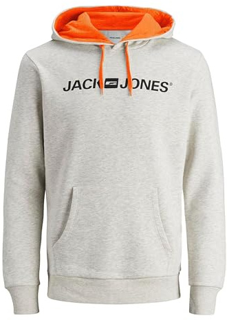 JACK & JONES Felpa con Cappuccio con Logo Male, White Melange (Shocking Orange/Reg Fit), M (EU) Uomo