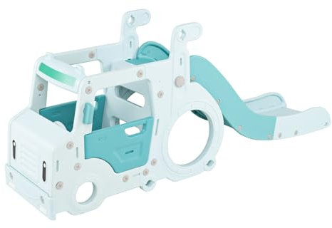 DREAMADE Toboggan Enfant 3 en 1 pour 18+ Mois, Aire de Jeu Pliable d'Intérieur avec Maisonnette sur Le Thème des Bus, Charge Max. 30 KG