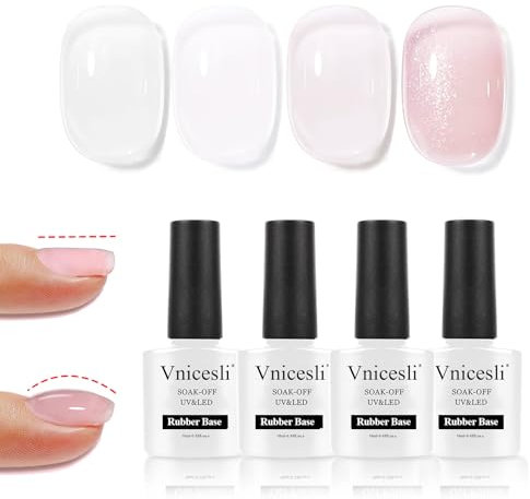Vnicesli Rubber Base Gel UV Nagellack Set, 4 Farben Rubber Base Coat Clear Milchig Weiß Rosa, Soak-Off Gel Nagellack Maniküre Für Nägel UV Lack Nägel - Kit Nummer 24