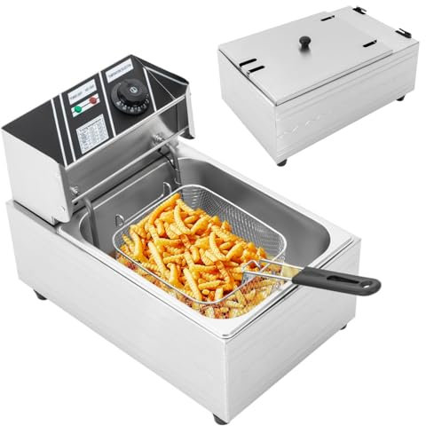 Freidora eléctrica de encimera de 6 l, 220 V, 2500 W, para cocina profesional, para zonas frías, freidora de acero inoxidable con escurridor de aceite, tapa, protección contra sobrecalentamiento,